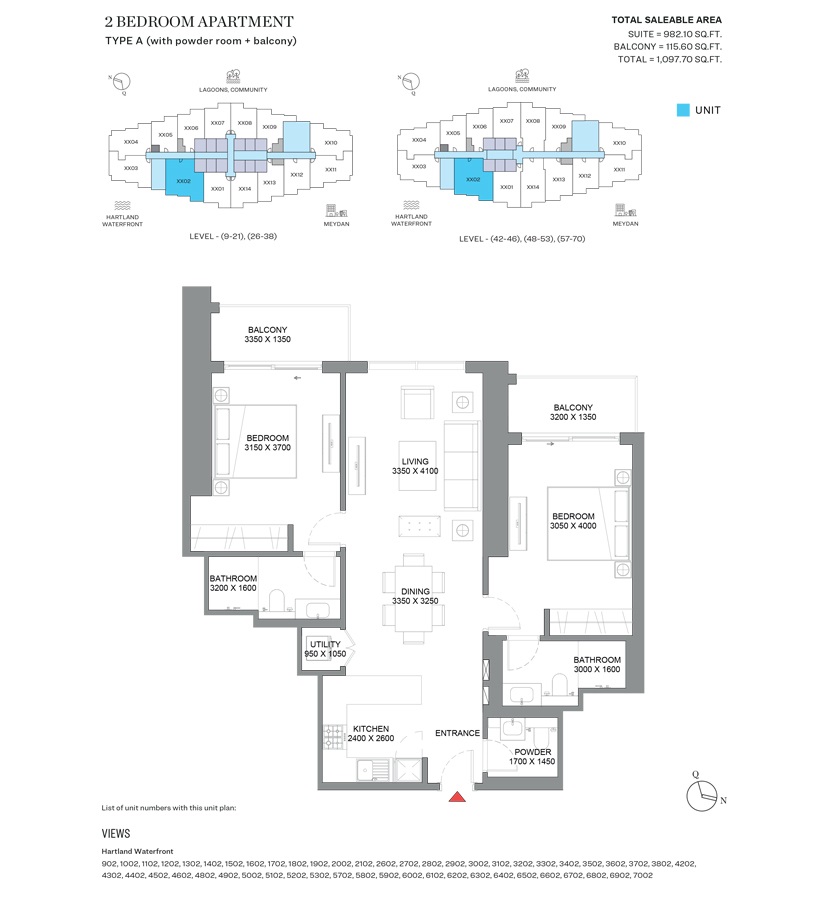 Sobha 360 Riverside Crescent 2 Beds Layout