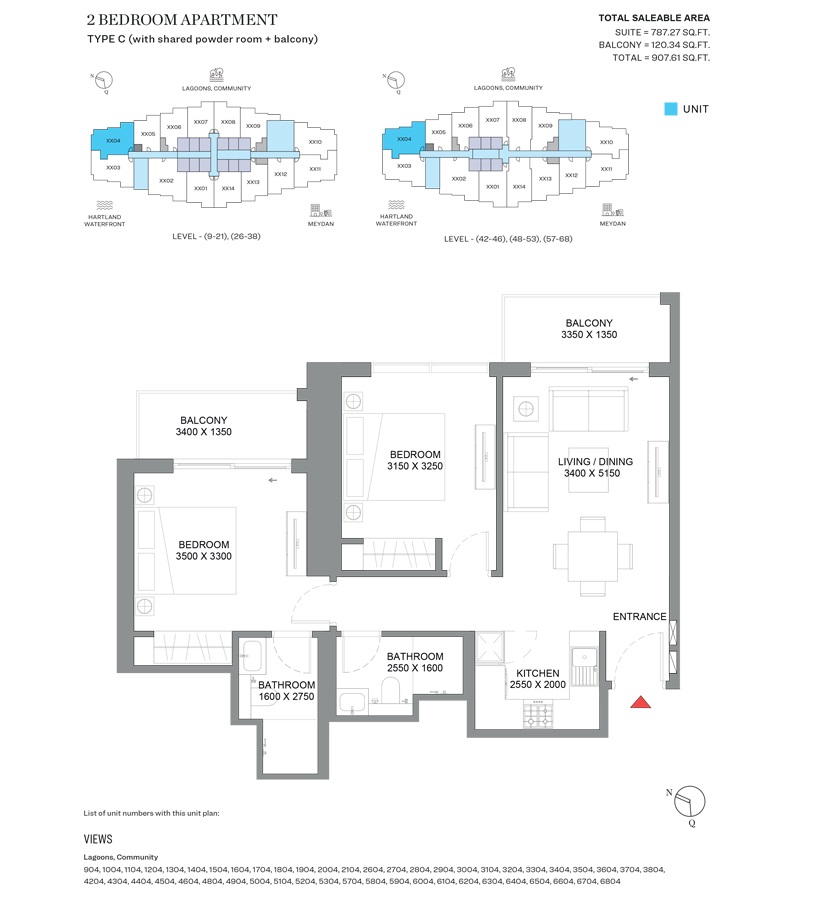 Sobha 360 Riverside Crescent 2 Beds Layout