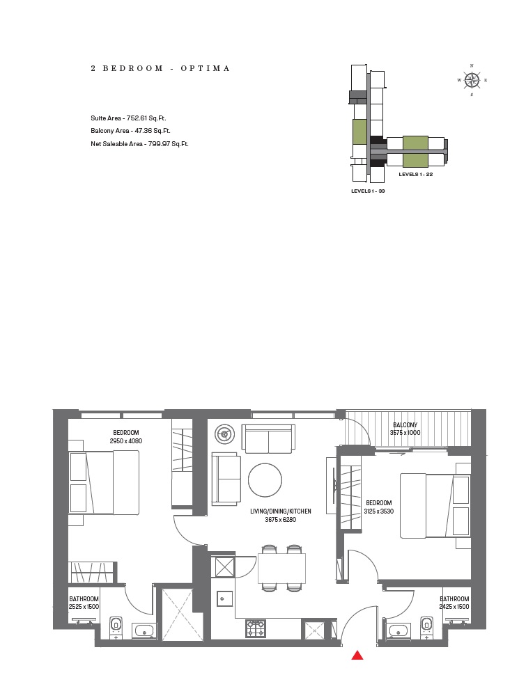 Sobha Creek Vistas Reserve 2 Beds Layout