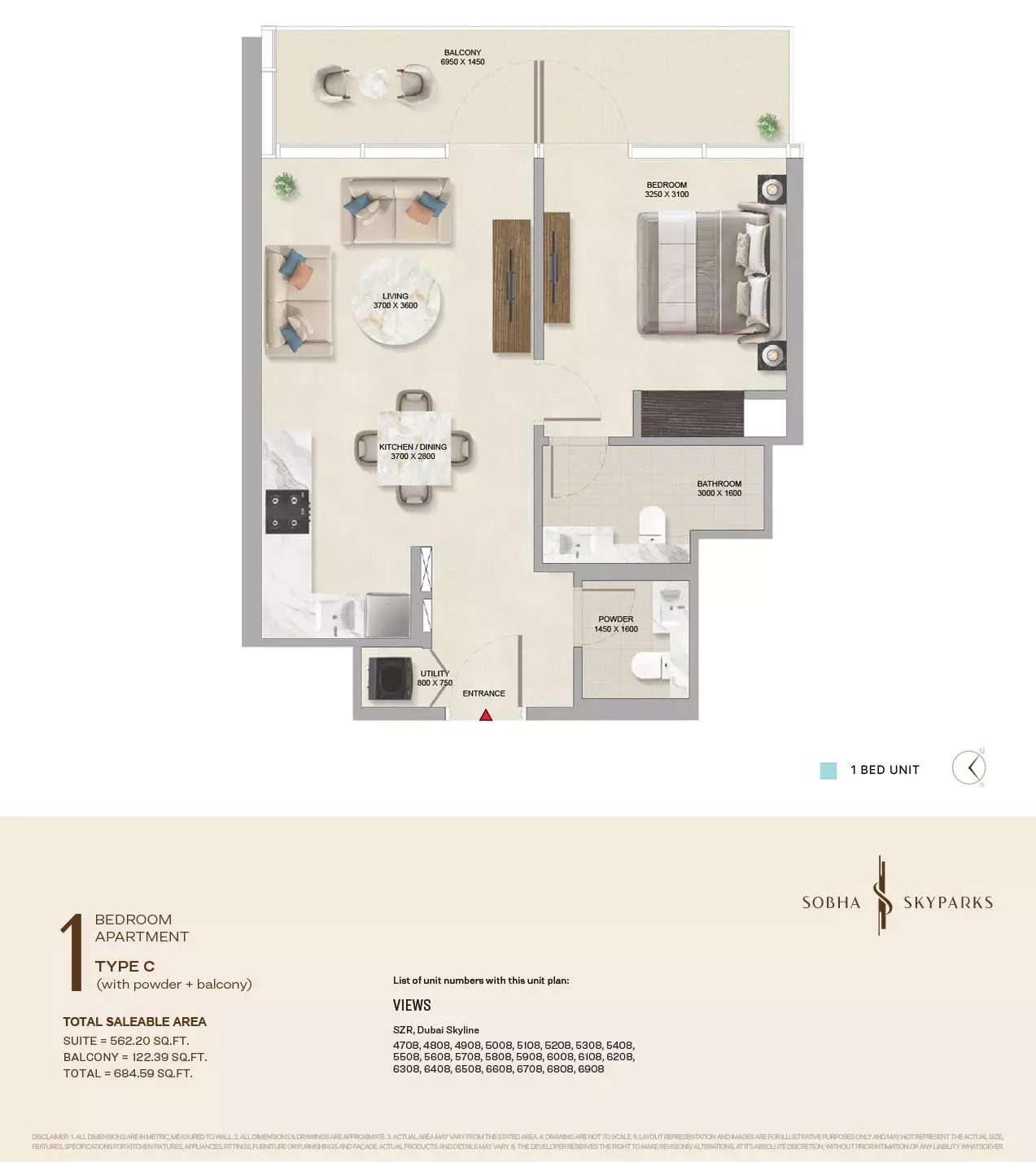 Sobha Skyparks 1 Bed Layout