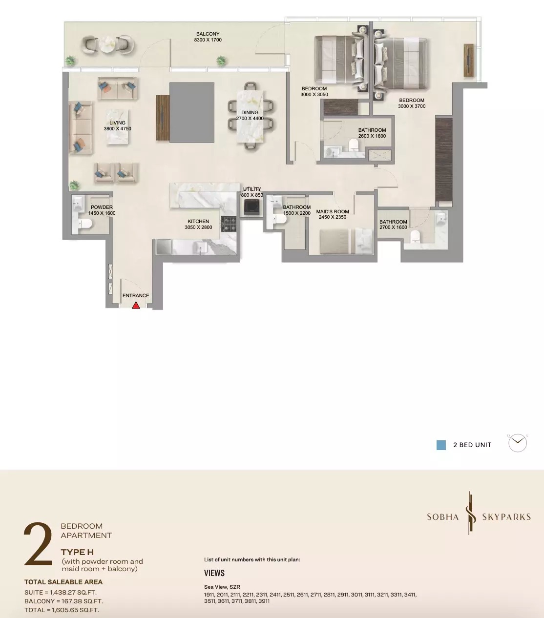 Sobha Skyparks 2 Beds Layout