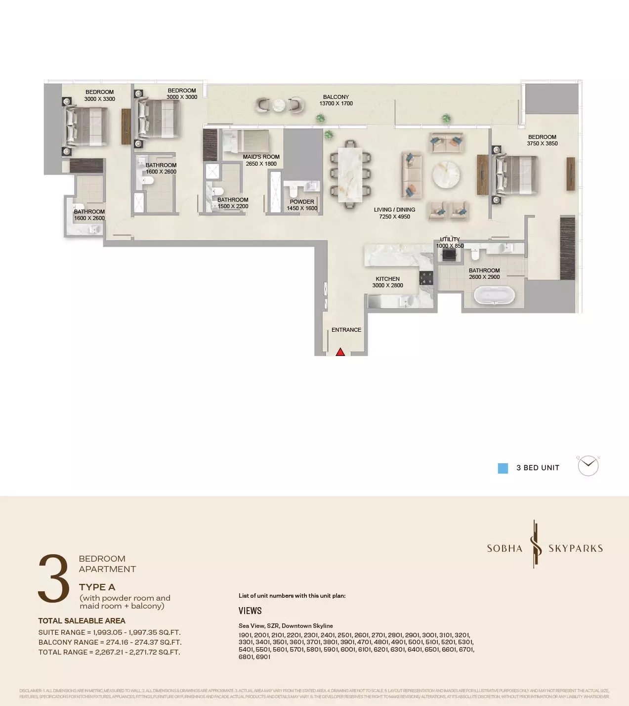 Sobha Skyparks 3 Beds Layout