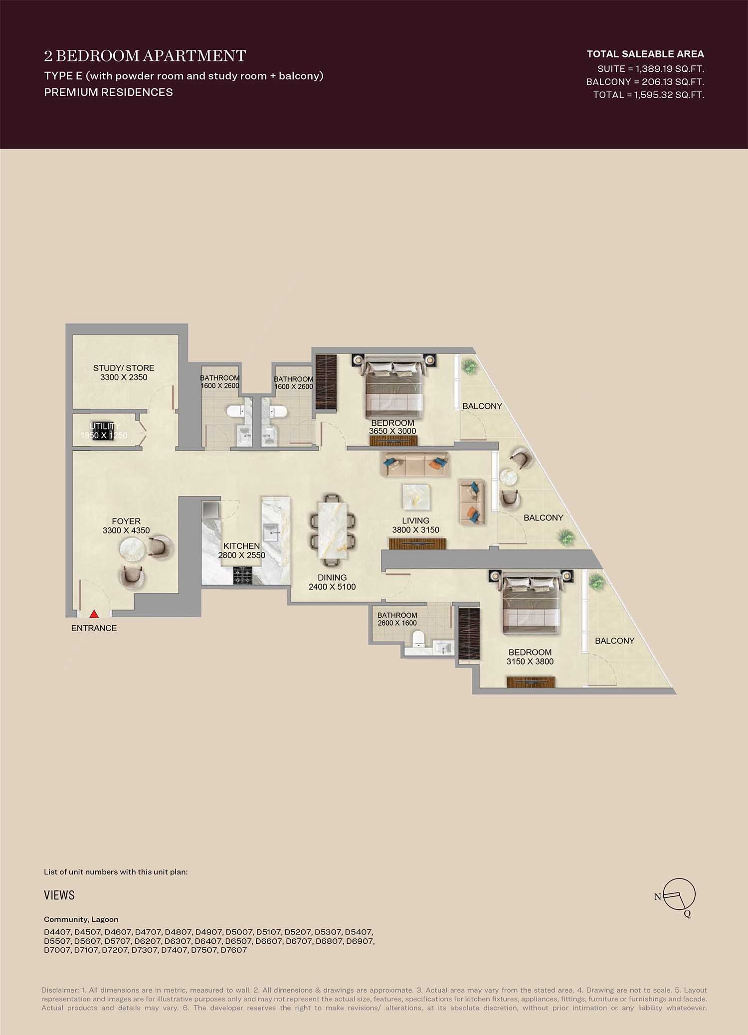 Sobha Skyvue Altier 2 Beds Layout