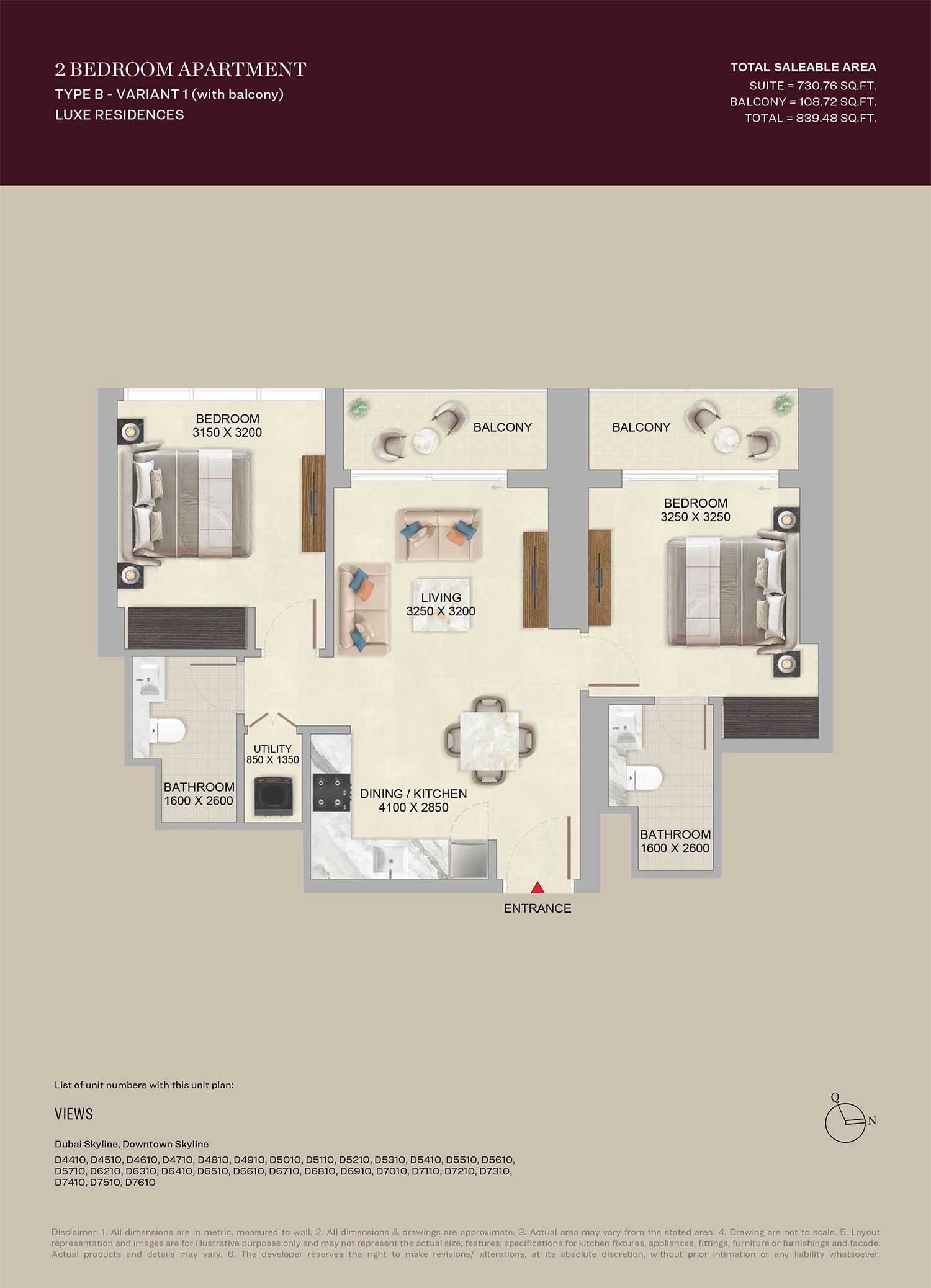 Sobha Skyvue Altier 2 Beds Layout