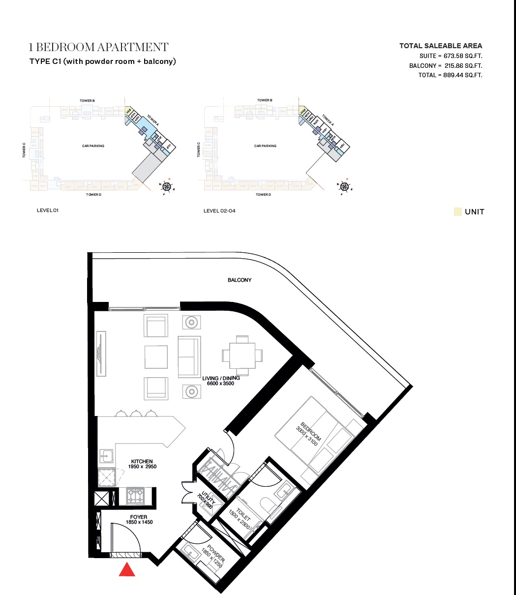 Sobha The Crest 1 Bed Layout