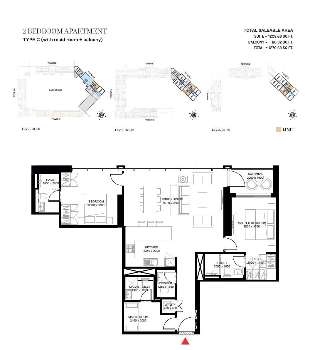 Sobha The Crest 2 Beds Layout
