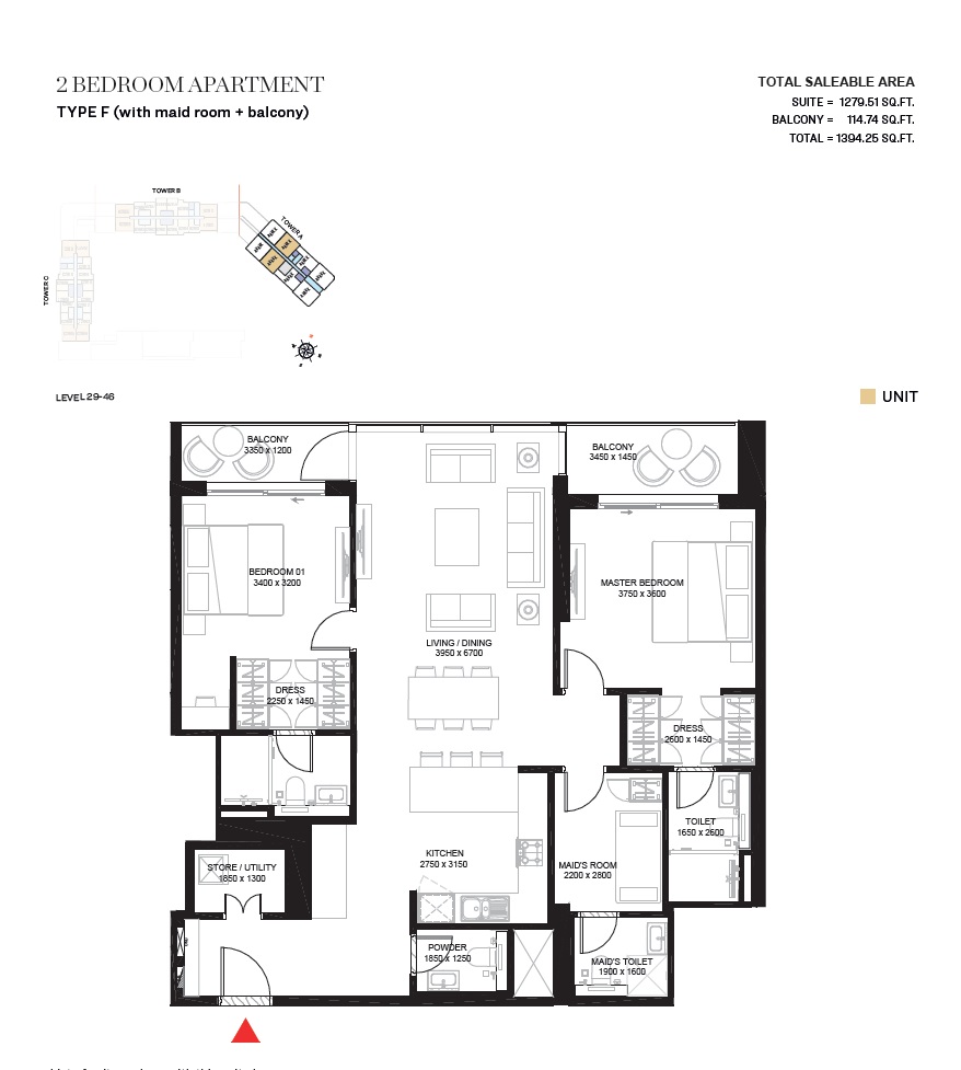 Sobha The Crest 2 Beds Layout