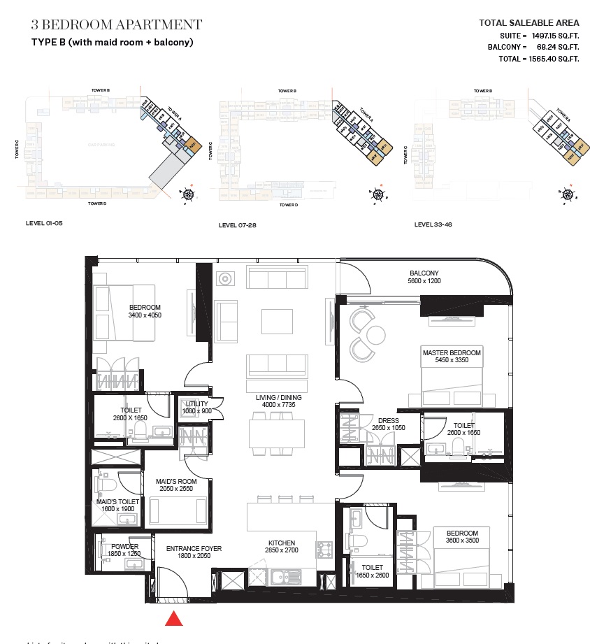 Sobha The Crest 3 Beds Layout