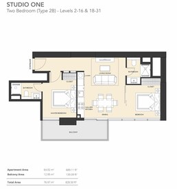 2 Beds 828 Sq. Ft. Apartment in Studio One Apartments