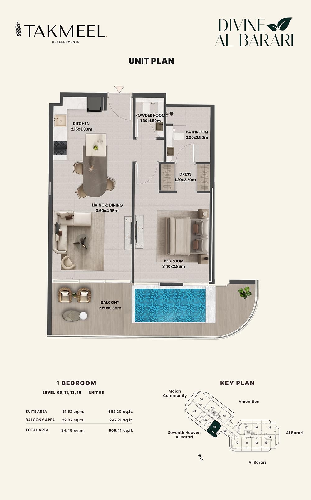 Takmeel Divine Al Barari 1 Bed Layout