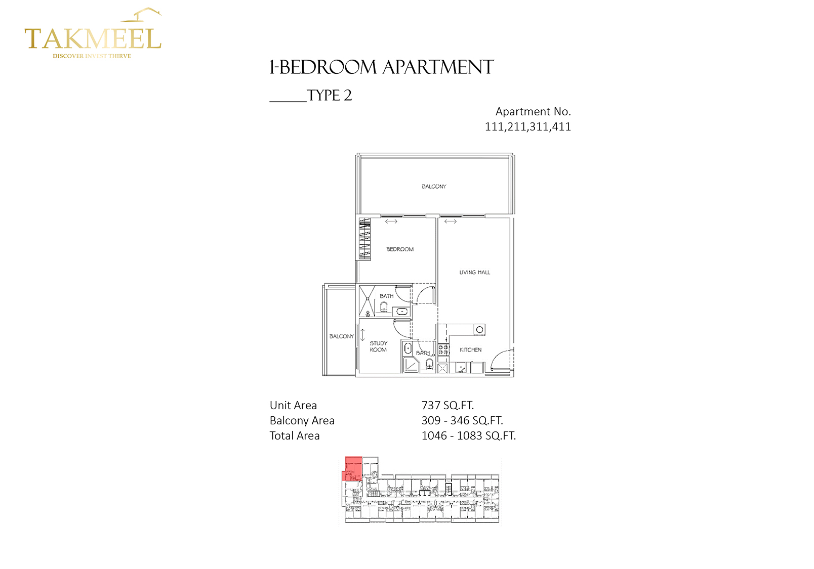 Takmeel Divine Residencia 1 Bed Layout