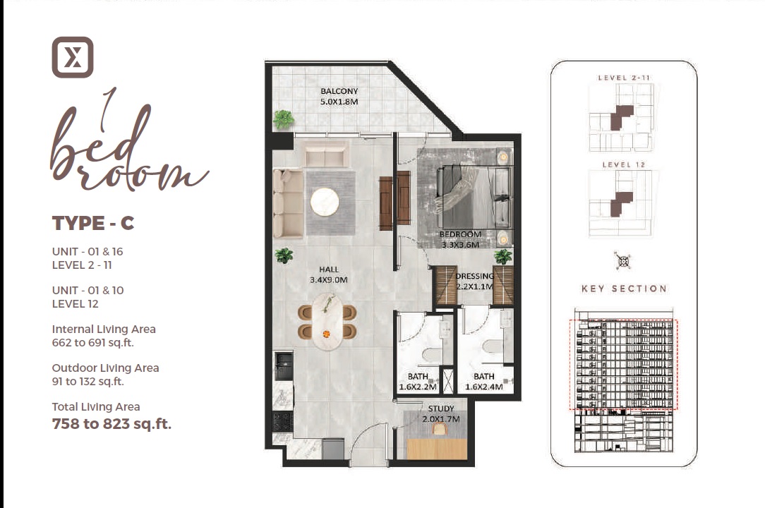 Tasmeer SquareX Residence 1 Bed Layout