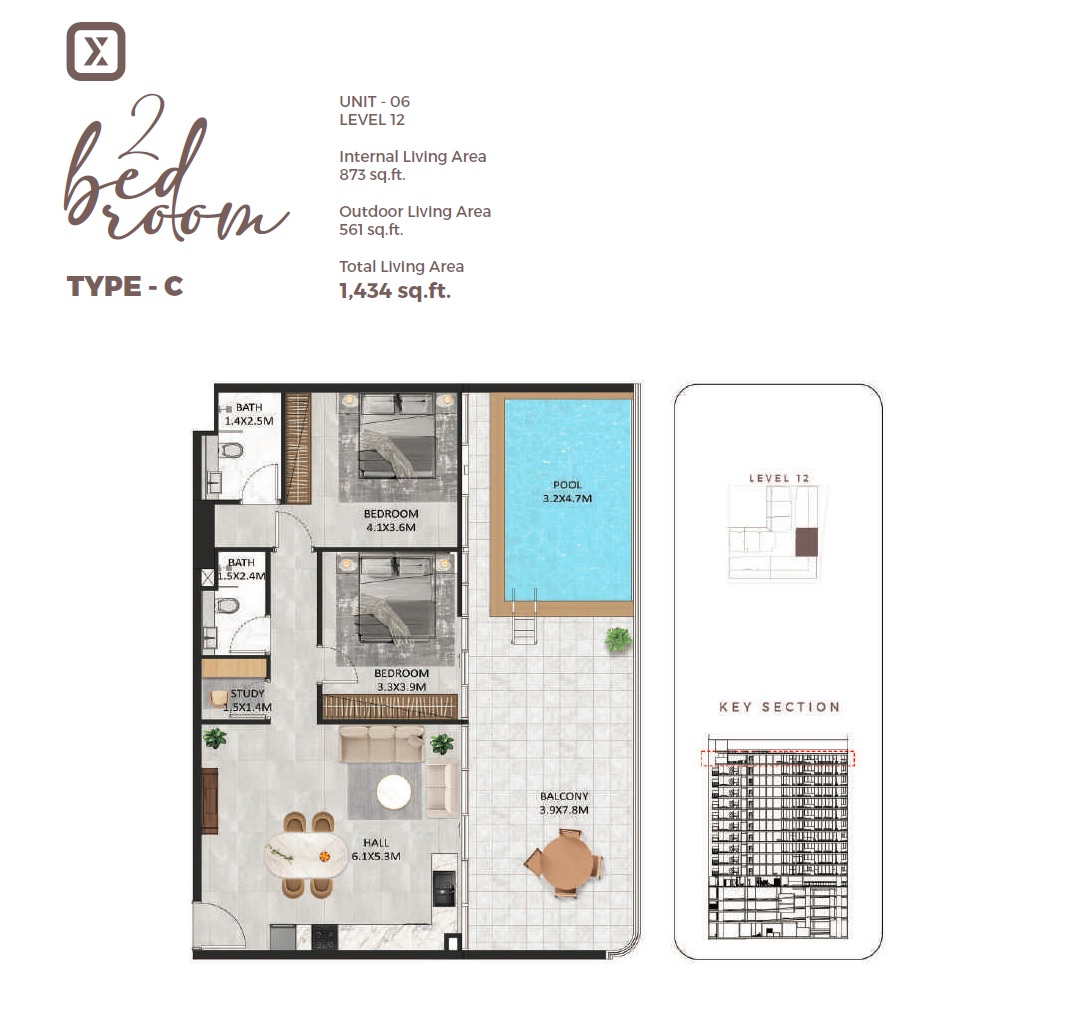 Tasmeer SquareX Residence 2 Beds Layout