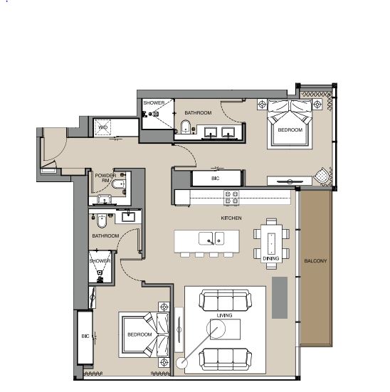 The Residences at Marina Gate 2 2 Beds Layout