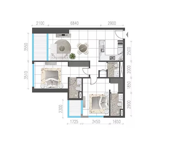 2 Beds 1262 Sq. Ft. Apartment in Tiger Jade Tower