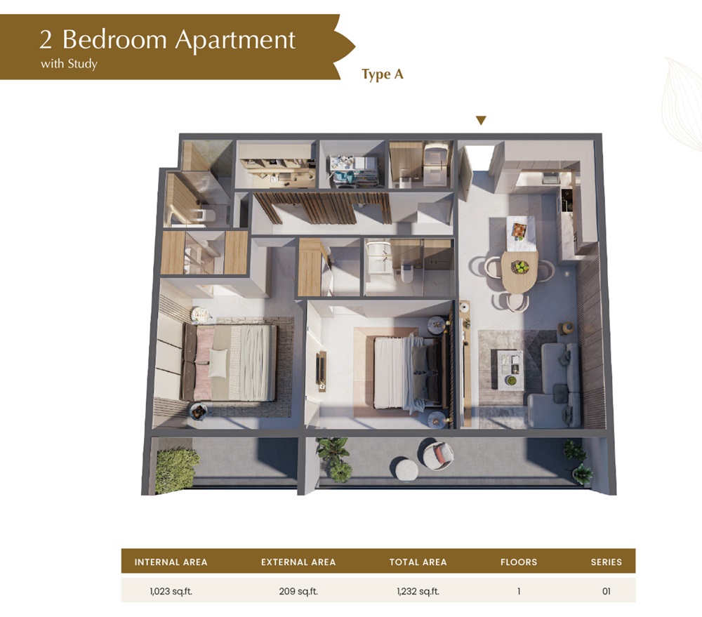 2 Beds 1232 Sq. Ft. Apartment in Tranquil Blossom 76