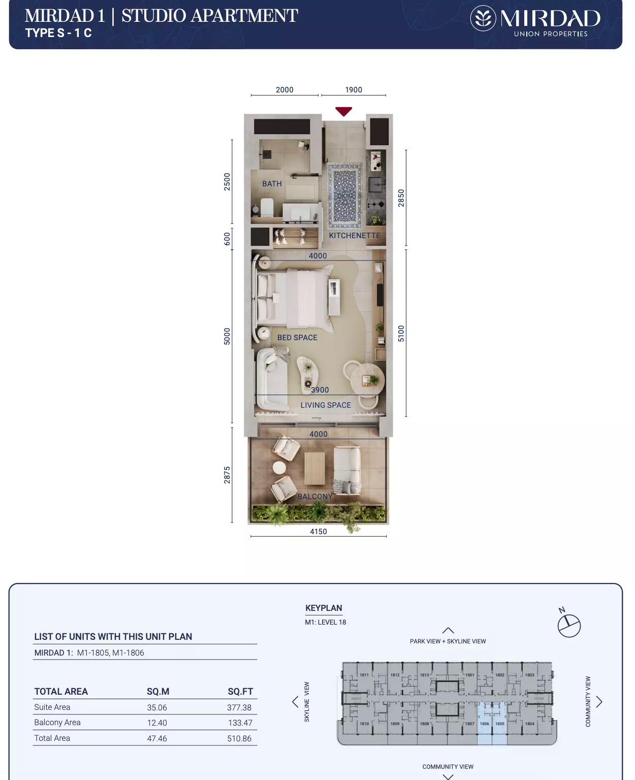 510 Sq. Ft. Studio in Union Mirdad