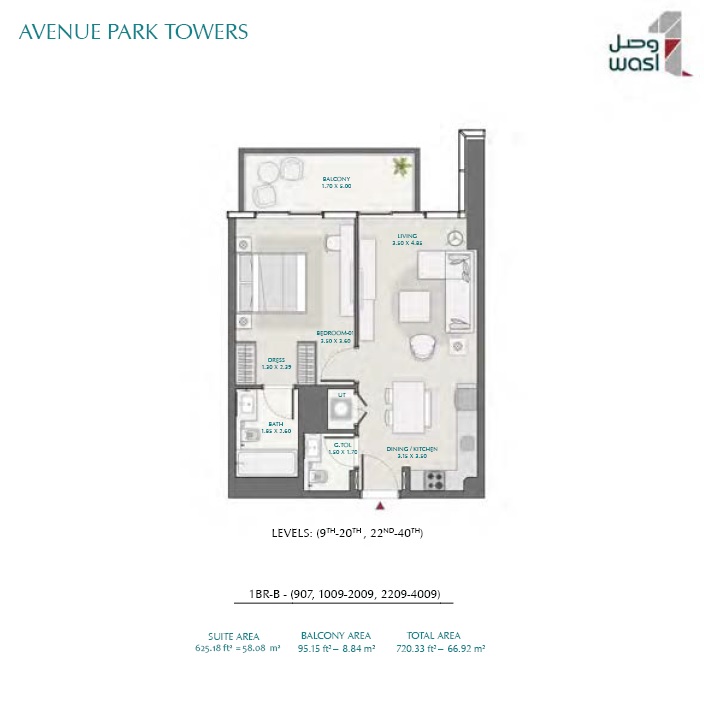 1 Bed 720 Sq. Ft. Apartment in Wasl Avenue Park Towers
