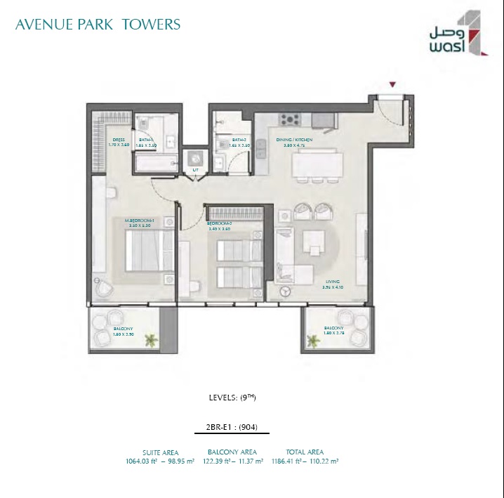 2 Beds 1186 Sq. Ft. Apartment in Wasl Avenue Park Towers