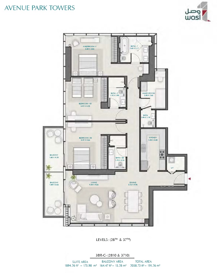 2 Beds 2058 Sq. Ft. Apartment in Wasl Avenue Park Towers