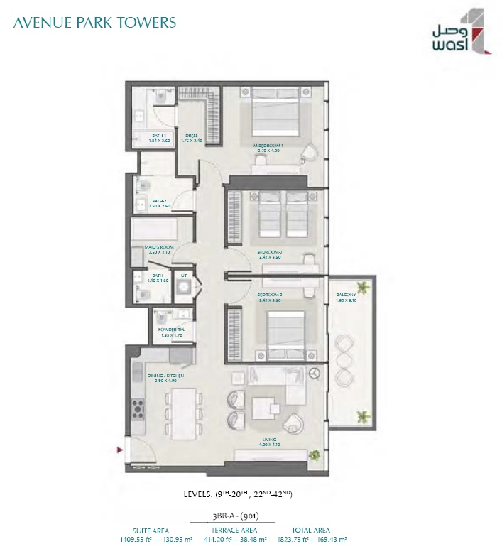 3 Beds 1823 Sq. Ft. Apartment in Wasl Avenue Park Towers