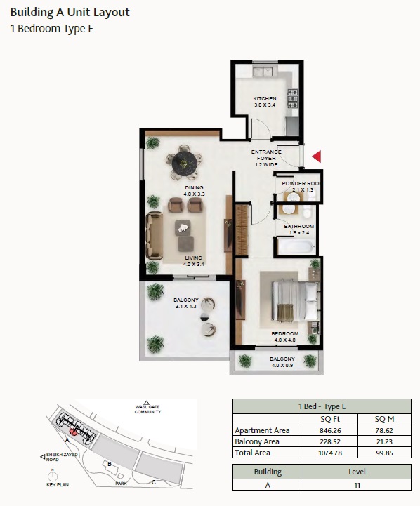 Wasl South Garden 1 Bed Layout
