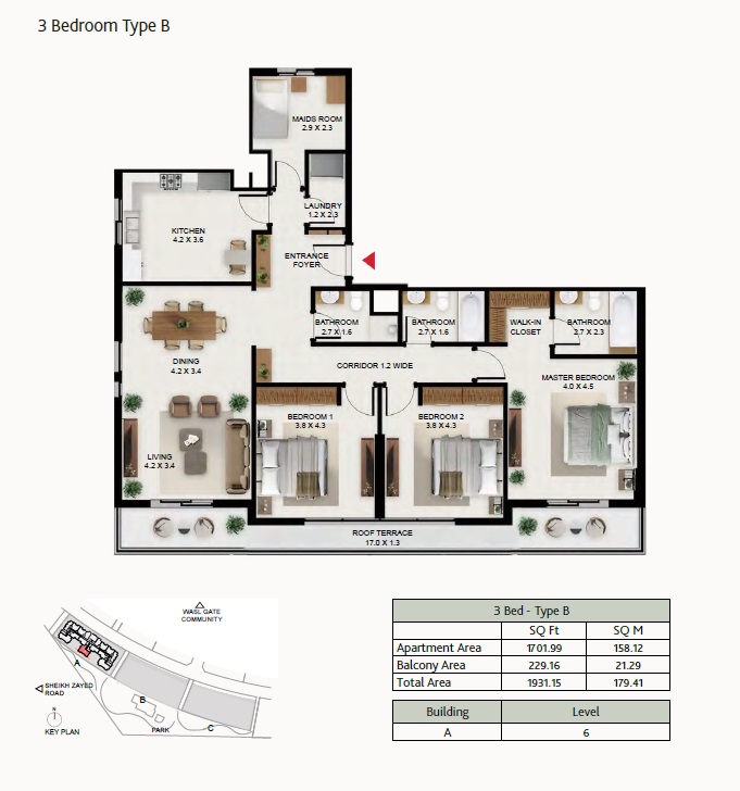 Wasl South Garden 3 Beds Layout