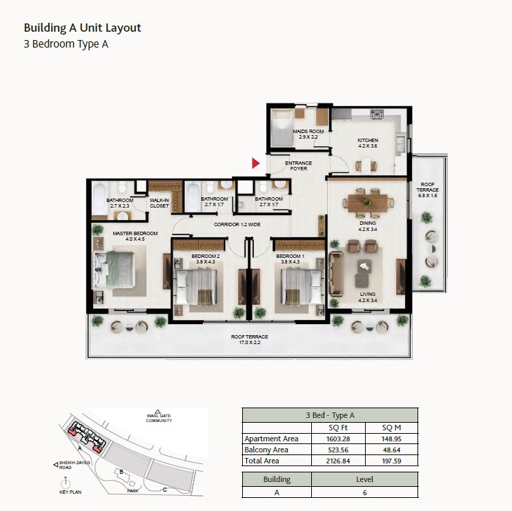 Wasl South Garden 3 Beds Layout