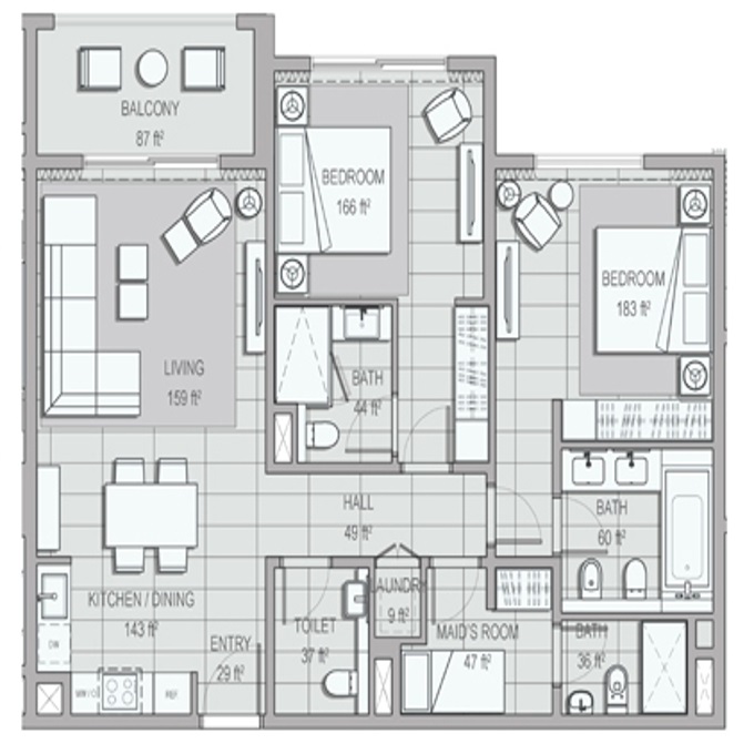 The Address Fujairah Residences 2 Beds Layout