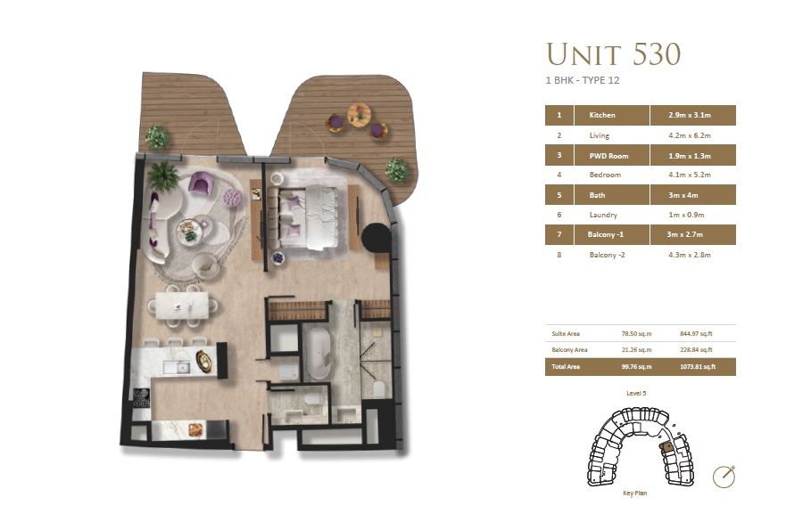 BnW Taj Wellington Mews 1 Bed Layout