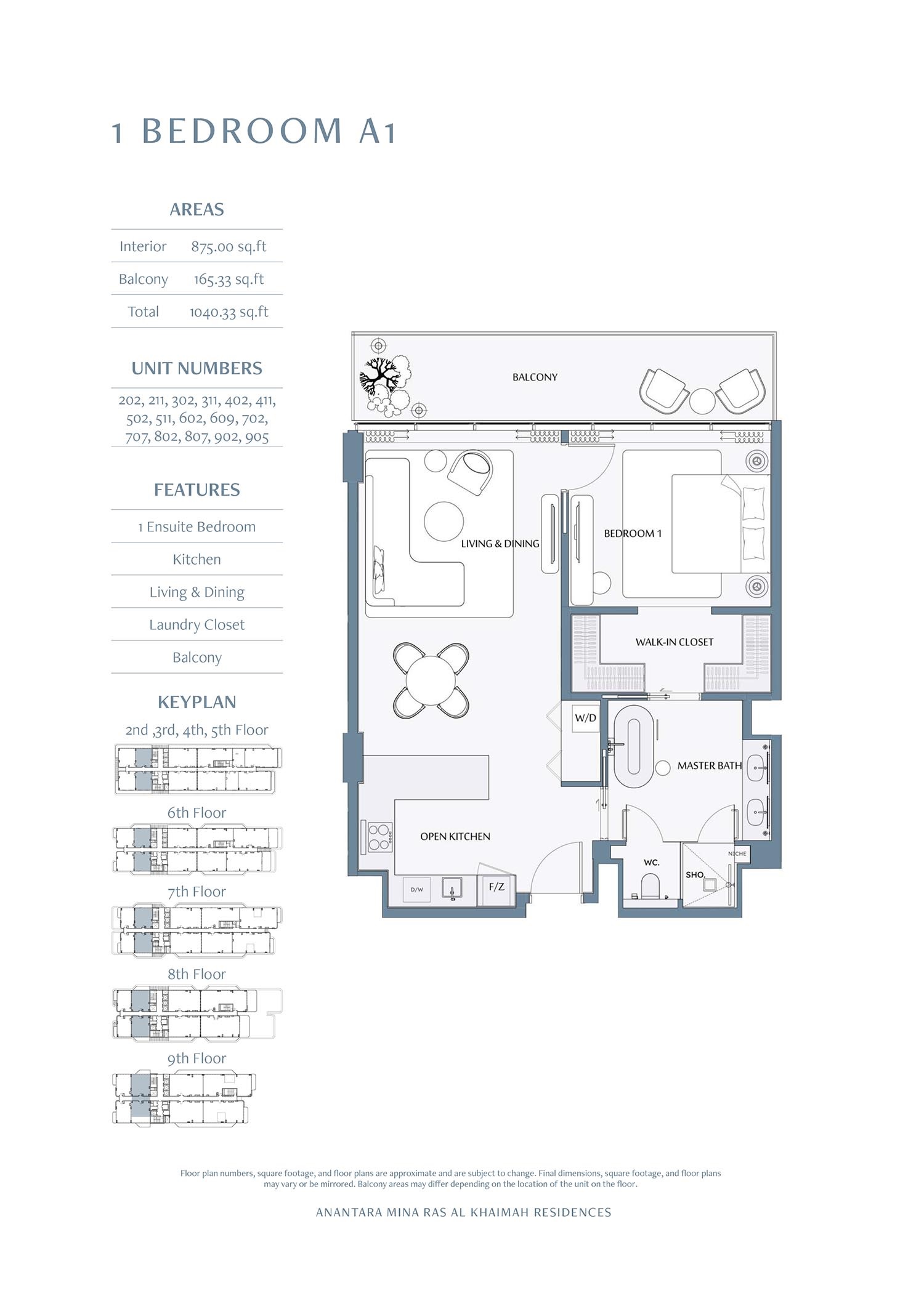 Rak Anantara Mina Residences 1 Bed Layout