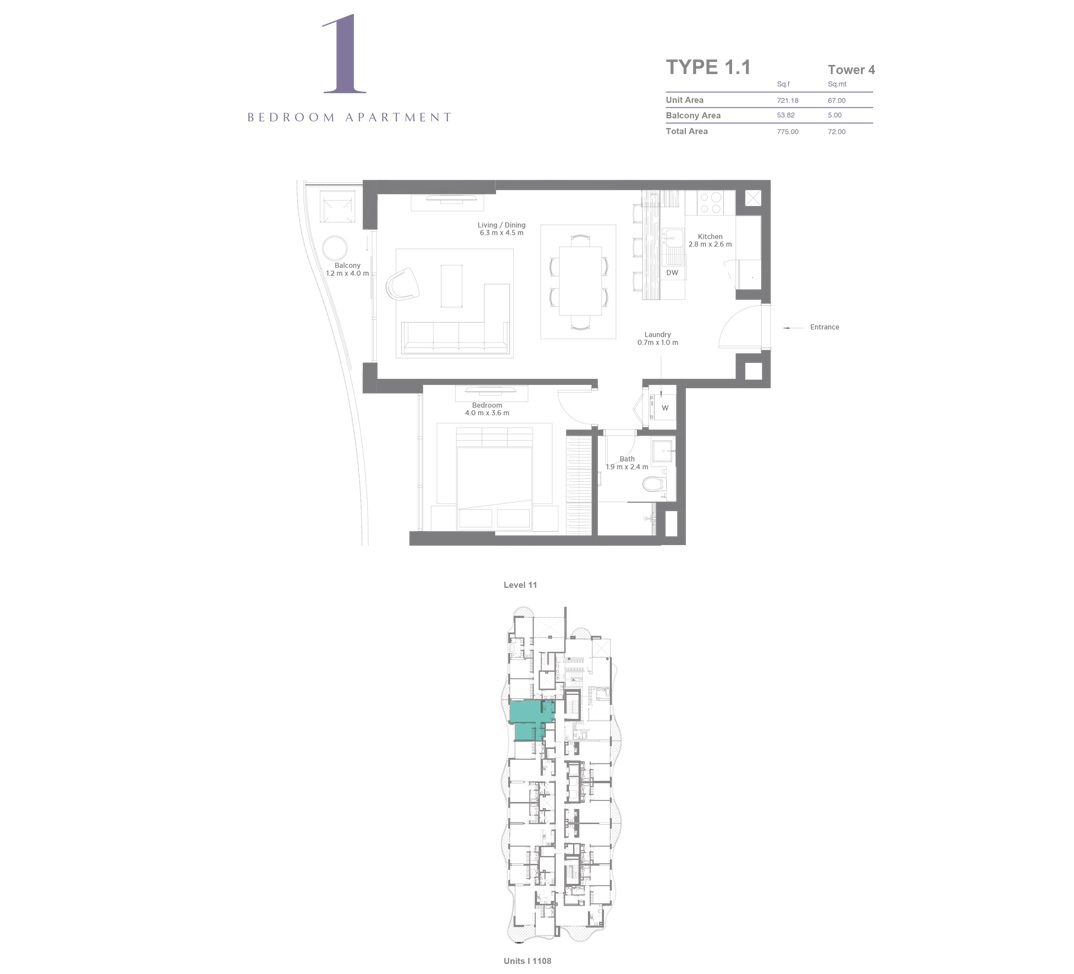 Rak Bay Residences 1 Bed Layout