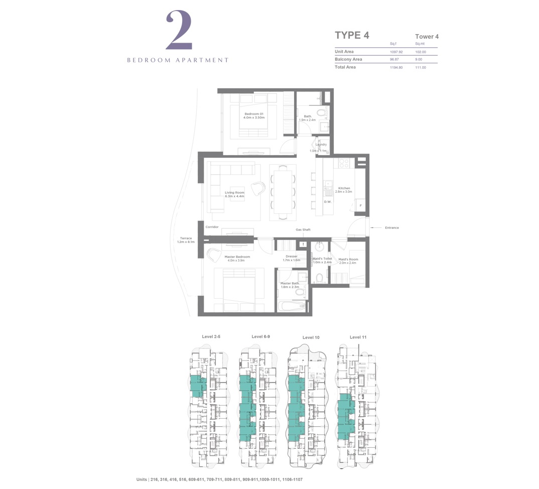 Rak Bay Residences 2 Beds Layout