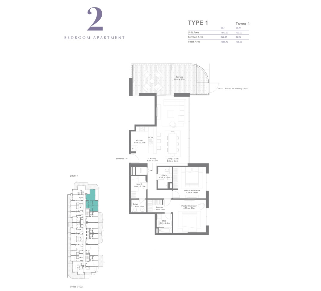 Rak Bay Residences 2 Beds Layout