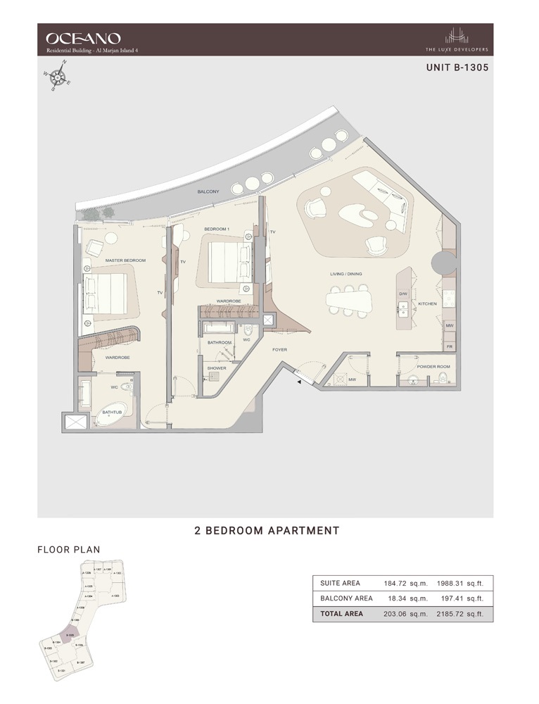 The Luxe Oceano 1 Bed Layout