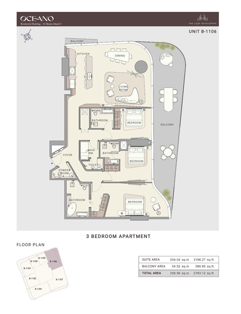 The Luxe Oceano 3 Beds Layout