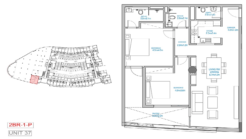 Ajmal Blue Bay Walk 2 Beds Layout