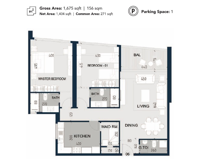 2 Beds 1675 Sq. Ft. Apartment in Al Thuriah Al Alia Tower