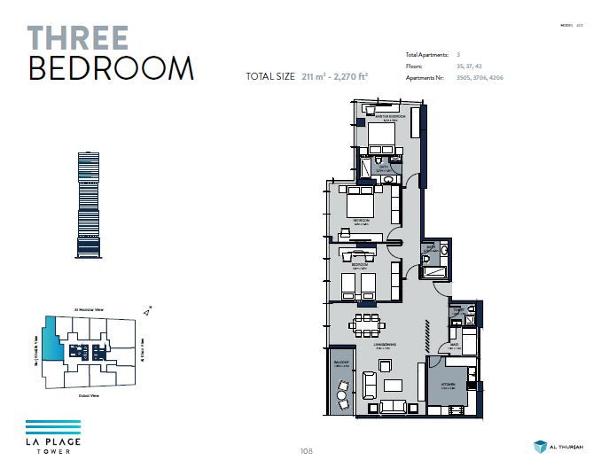 Al Thuriah La Plage Tower 3 Beds Layout