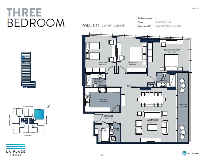 Al Thuriah La Plage Tower 3 Beds Layout