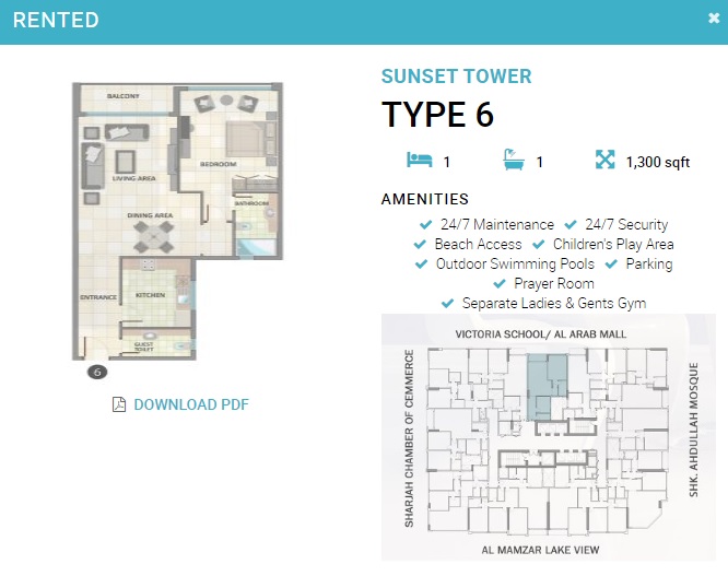 Al Thuriah Sunset Tower 1 Bed Layout