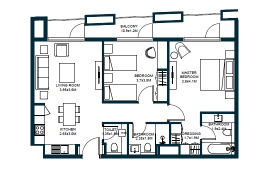 Arada Tiraz Apartments 2 Beds Layout