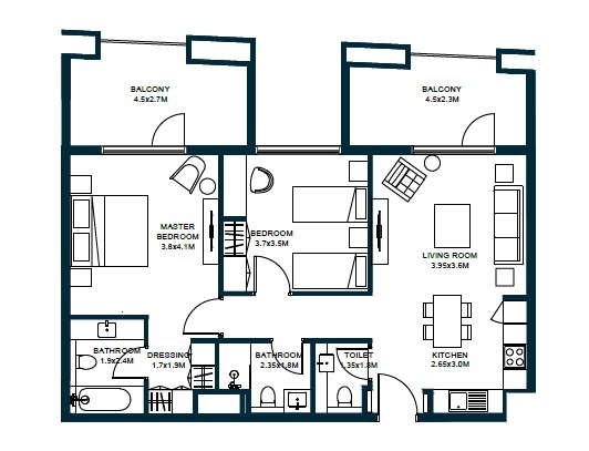 Arada Tiraz Apartments 2 Beds Layout