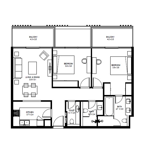Arada Vida Residences 3 2 Beds Layout