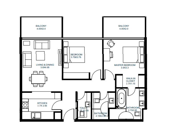 Arada Vida Residences 2 Beds Layout