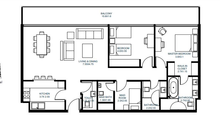Arada Vida Residences 2 Beds Layout