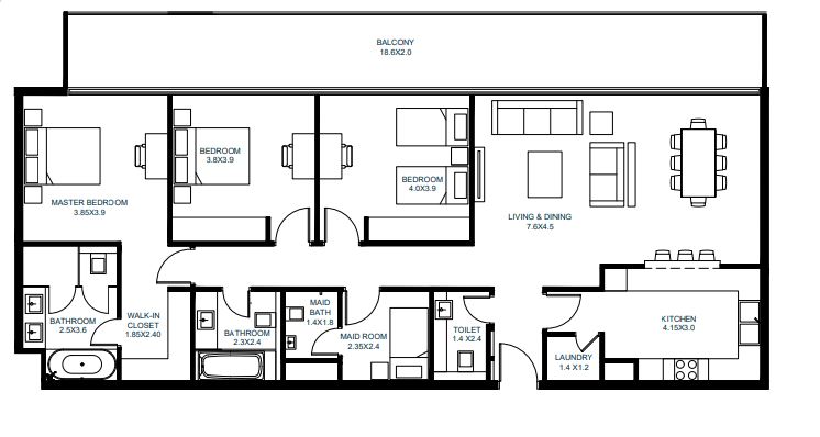 Arada Vida Residences 3 Beds Layout