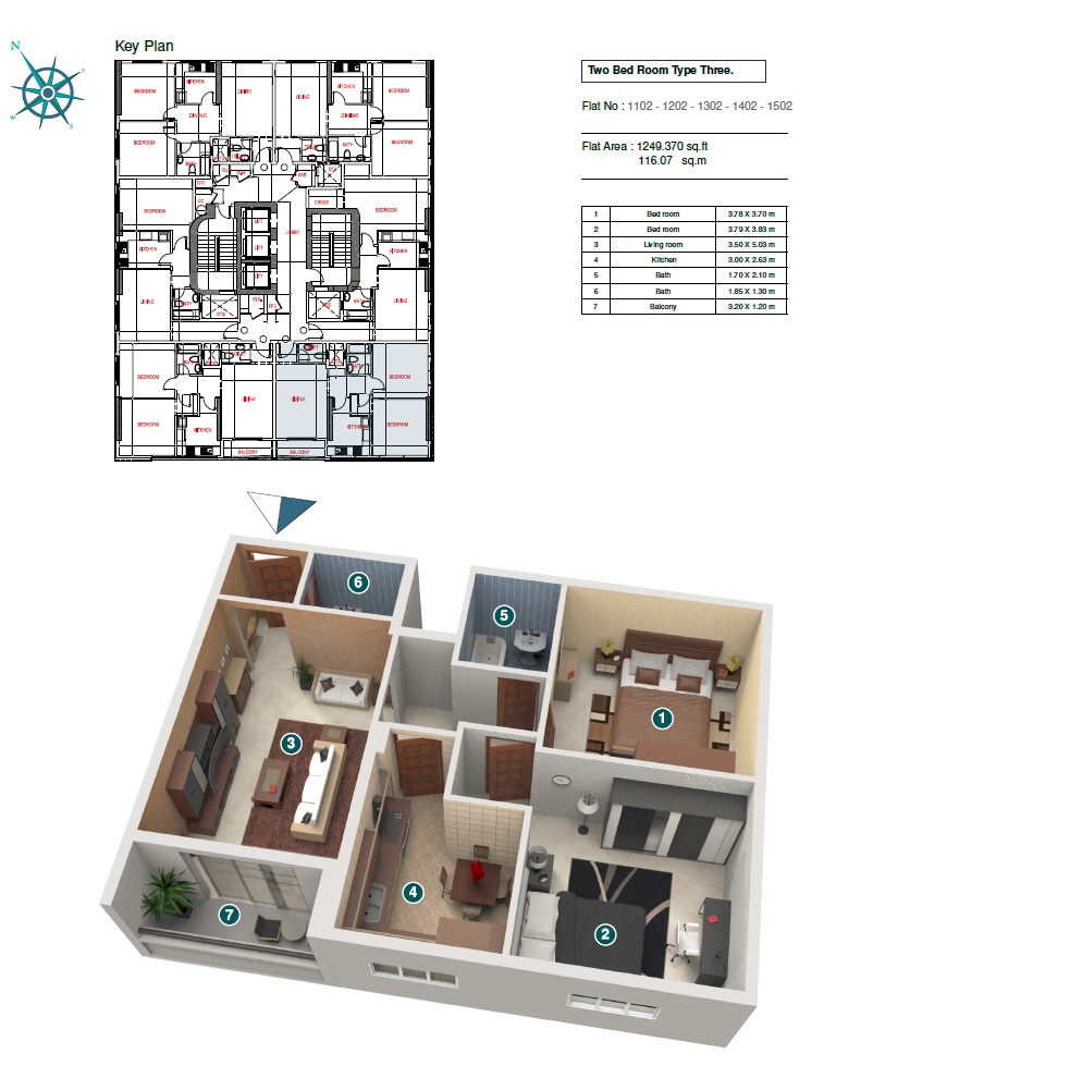 2 Beds 1249 Sq. Ft. Apartment in Fam Holding Afamia Tower II