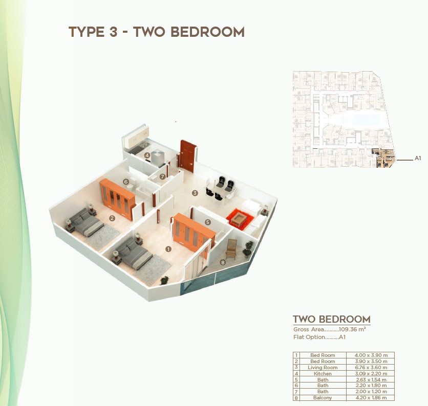 2 Beds 1177 Sq. Ft. Apartment in Fam Holding Al Mazraa Tower