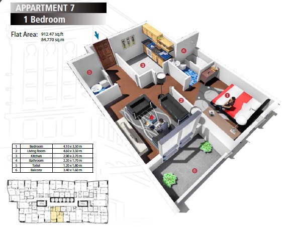 Fam Sarkoa Tower 1 Bed Layout